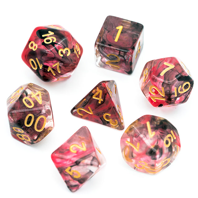 Pink & Black Smoke Dice Set - Seven pink and black smoke dice with gold numbering, including d20, d12, d10, d8, d6, d4, and percentile dice.