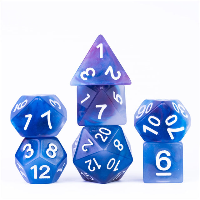Blue Jade Resin Dice Set - Blue translucent resin dice set with white numbers, including d20, d12, d10, d8, d6, and d4 shapes.