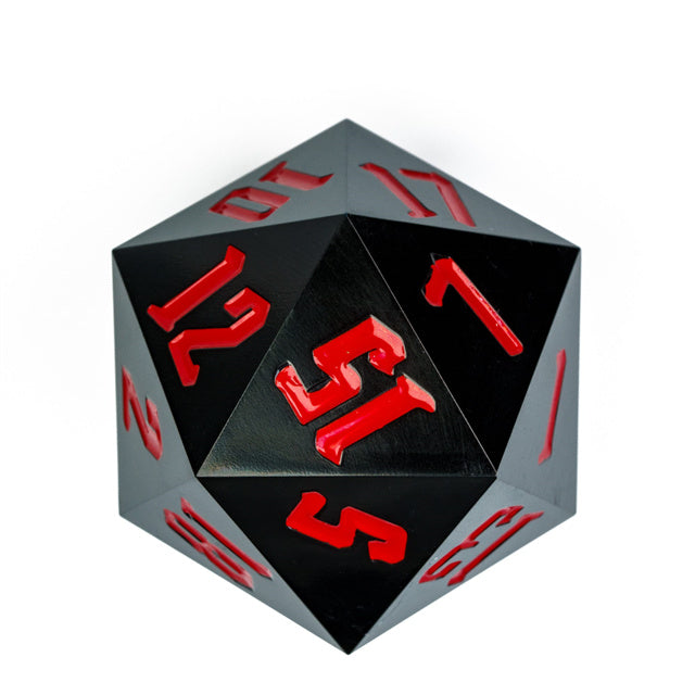 Giant 55mm D20 - Black - Black acrylic 55mm d20 dice with raised red numbers.