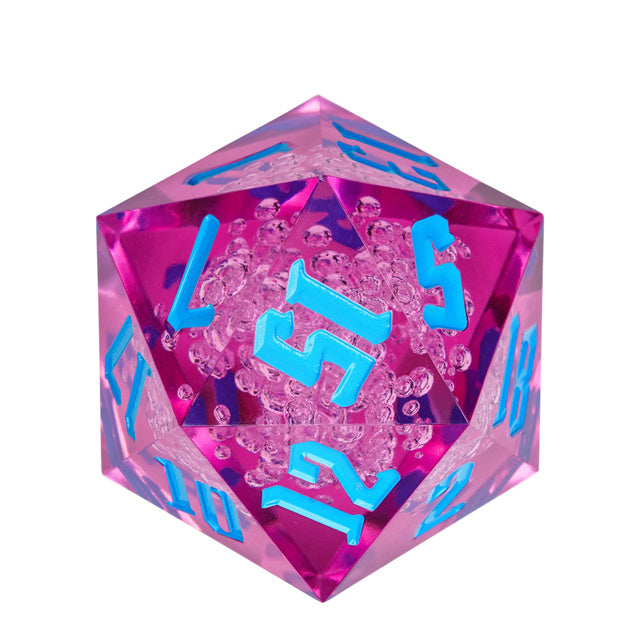 Giant 55mm D20 - Pink Bubbles - Giant translucent pink 20-sided acrylic die with blue numbers and bubble inclusions inside.