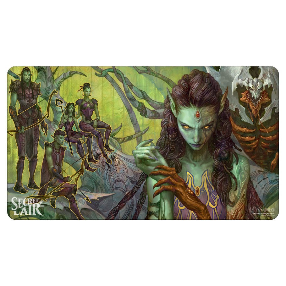 Playmat: MtG: SL: Glissa Sunseeker - Fantasy playmat featuring a green-skinned woman with glowing eyes and ornate armor, dark-haired figures in background, and.