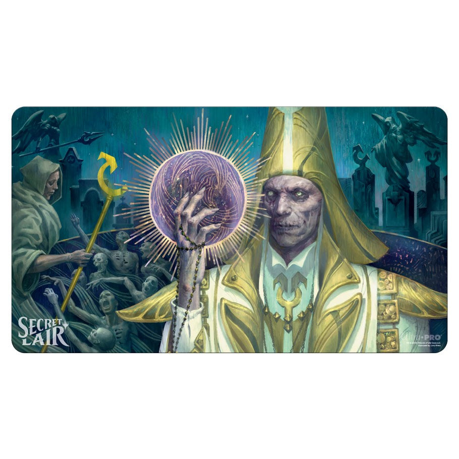 Playmat: MtG: SL: Mikaeus Unhallowed - Dark fantasy playmat featuring Mikaeus Unhallowed holding a glowing purple orb, surrounded by shadowy figures.