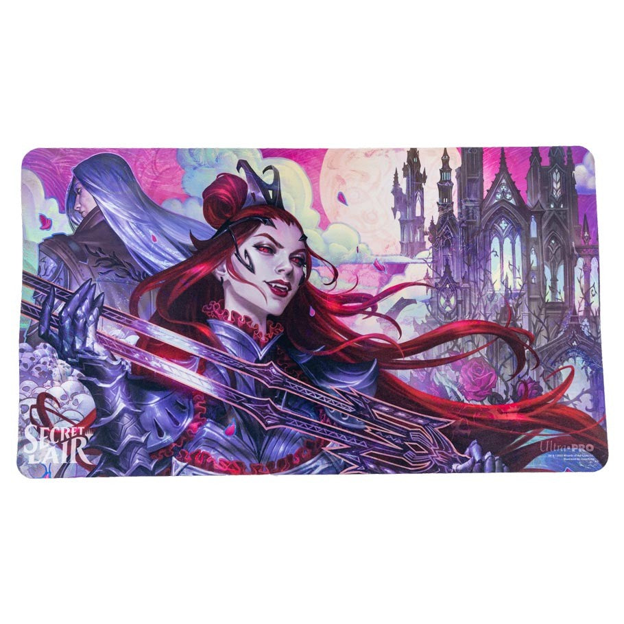 Playmat: MtG: SL: Olivia, Mobilized - The Gathering playmat featuring Olivia, Mobilized with dark gothic castle and vibrant purple-pink sky background.