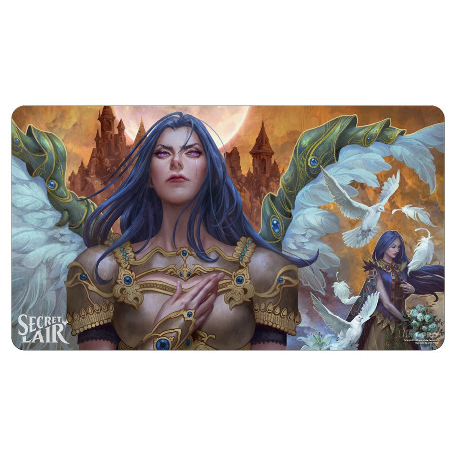 Playmat: MtG: SL: Akroma, Angel of Wrath - Fantasy playmat featuring Akroma, Angel of Wrath with golden armor and glowing wings against a fiery background.