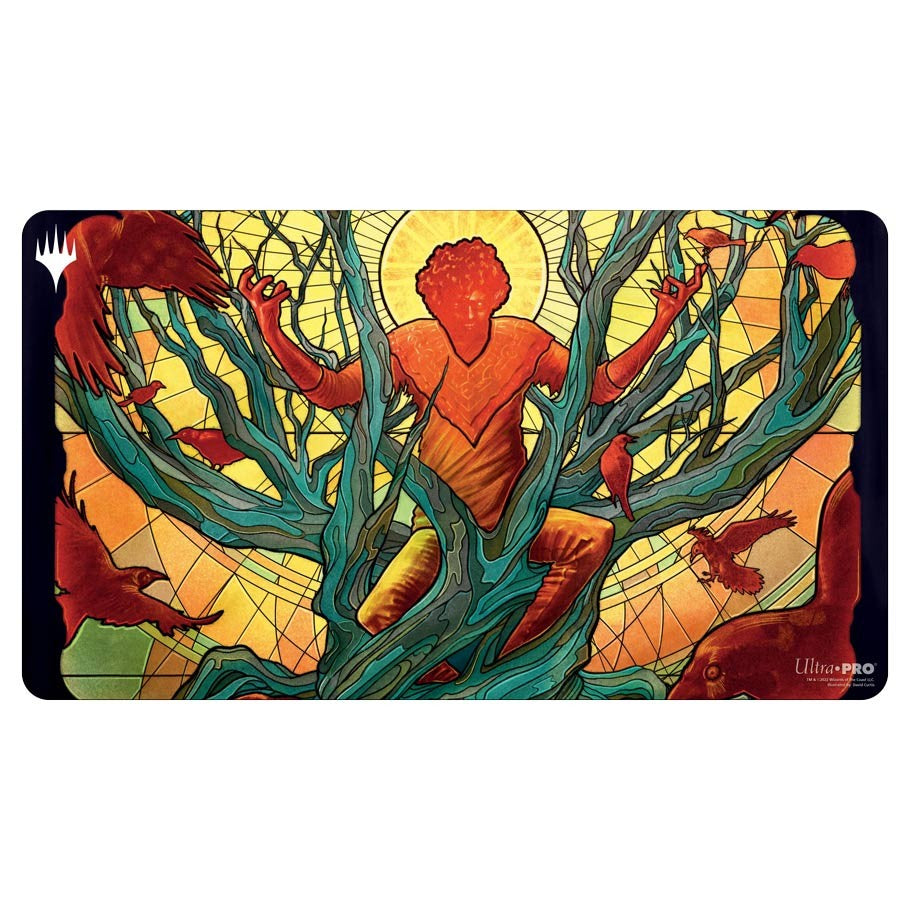 Playmat: MtG: Dominaria United: Raven - Gaming playmat featuring a red humanoid figure entwined with blue branches and surrounded by red ravens on a yellow.