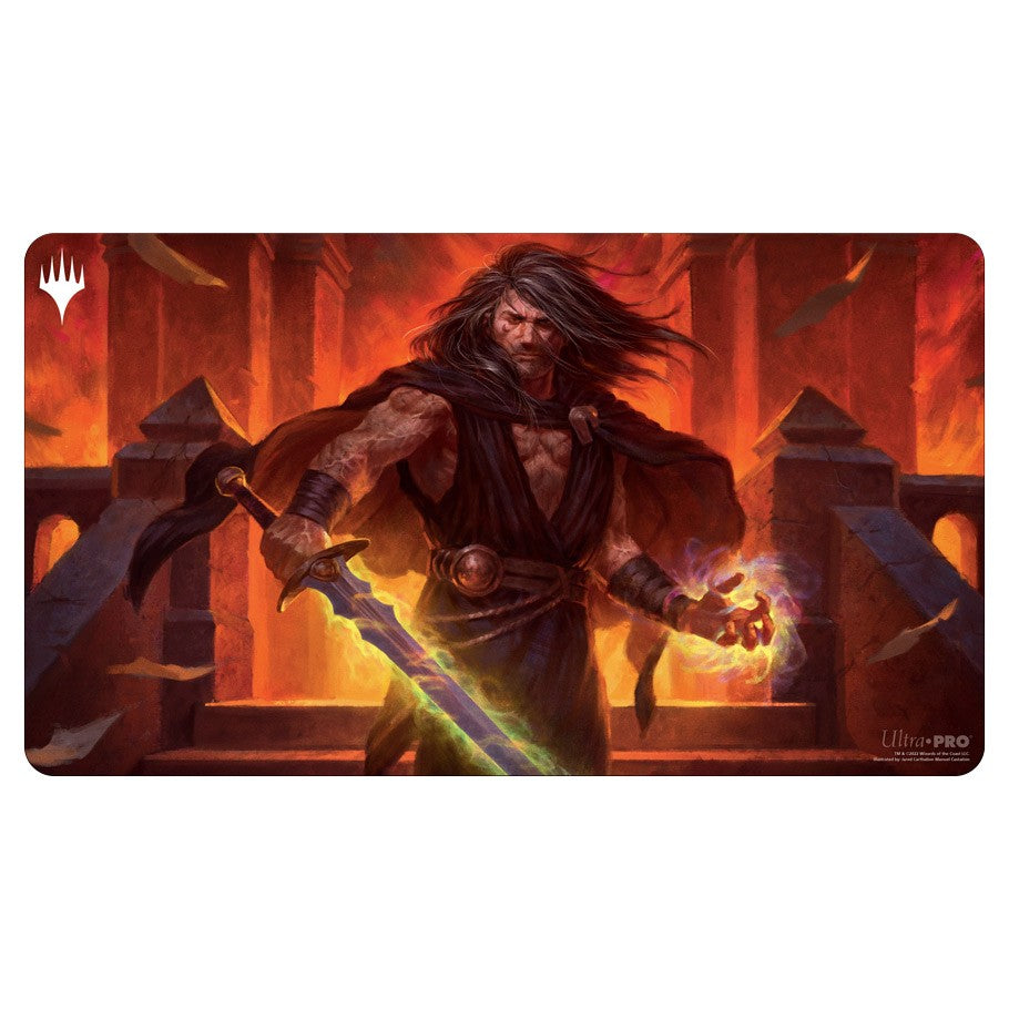 Playmat: MtG: Dominaria United: Jared - Fantasy warrior with flowing hair holding glowing sword and fireball against fiery background playmat.