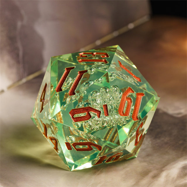 Giant 55mm D20 - Light Green Bubbles - Light green acrylic 55mm D20 dice with red numbers and bubble inclusions inside.
