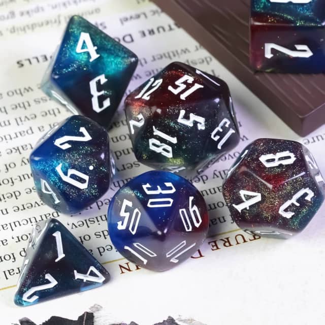 Dark Rainbow Glitter Dice Set - Set of seven dark rainbow glitter dice with white numbers, including d20, d12, d10, d8, d6, and d4.