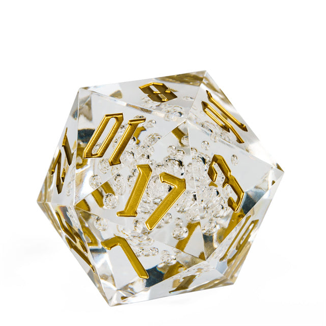 Giant 55mm D20 - Clear Bubbles - Clear acrylic giant 55mm d20 dice with gold numbers and internal bubbles.