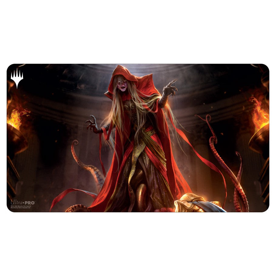 Playmat: MtG: Dominaria United: Dihada - Fantasy playmat featuring a mysterious figure in a flowing red cloak with glowing orange accents and dark background.