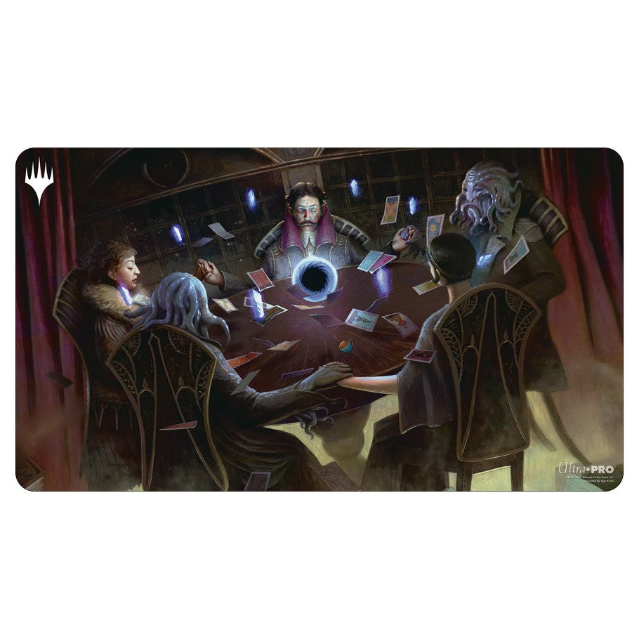Playmat: MtG: Capenna Obscura - Gaming playmat featuring four shadowy figures around a table with floating cards and a glowing orb in the center.