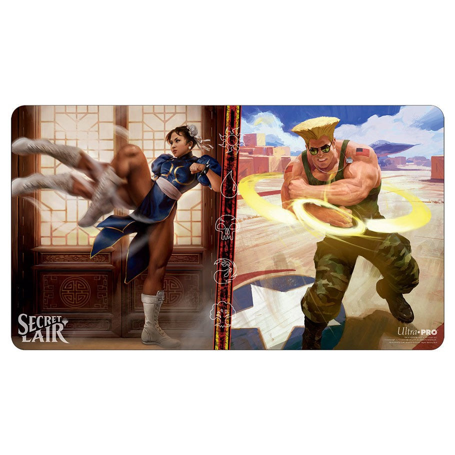 Playmat: MtG: SL: Chun-Li & Guile - The Gathering playmat featuring Chun-Li delivering a spinning kick and Guile charging an energy attack with military-style.
