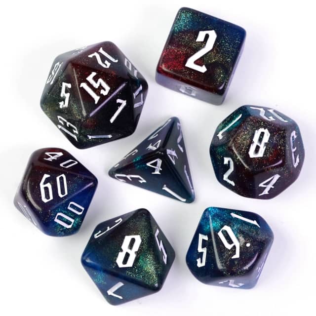 Dark Rainbow Glitter Dice Set - Seven dark rainbow glitter polyhedral dice with white numbers, including d20, d12, d10, d8, d6, and d4 shapes.
