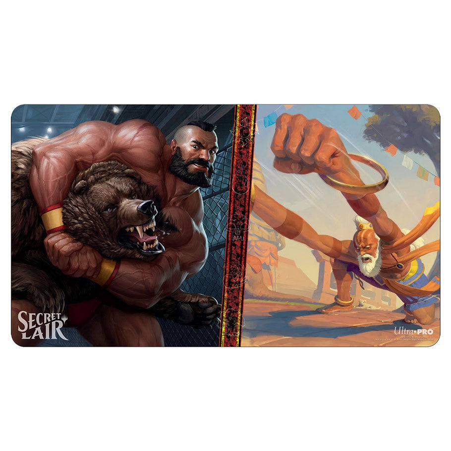 Playmat: MtG: SL: Zangief & Dhalsim - Magic the Gathering playmat featuring muscular Zangief wrestling a bear on left and flexible Dhalsim stretching arms on right.