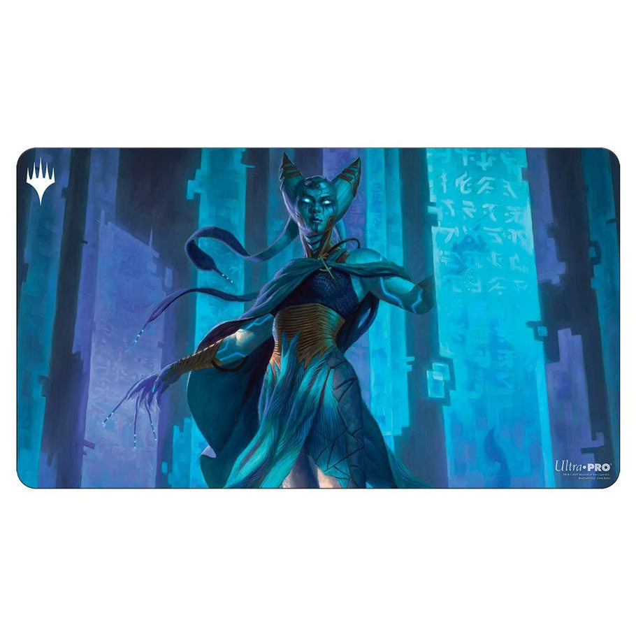 Playmat: MtG: Kamigawa Neon Tamiyo - Fantasy-themed playmat featuring a mysterious blue-skinned mage with glowing eyes in a neon-lit cityscape.
