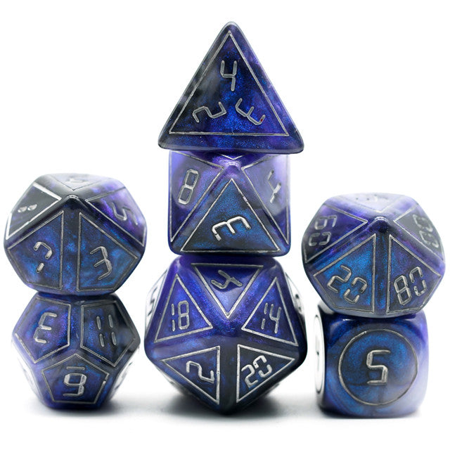 Blue Digital Font Dice Set - Set of seven blue polyhedral dice with white digital-style numbers, including d4, d6, d8, d10, d12, and d20 shapes.