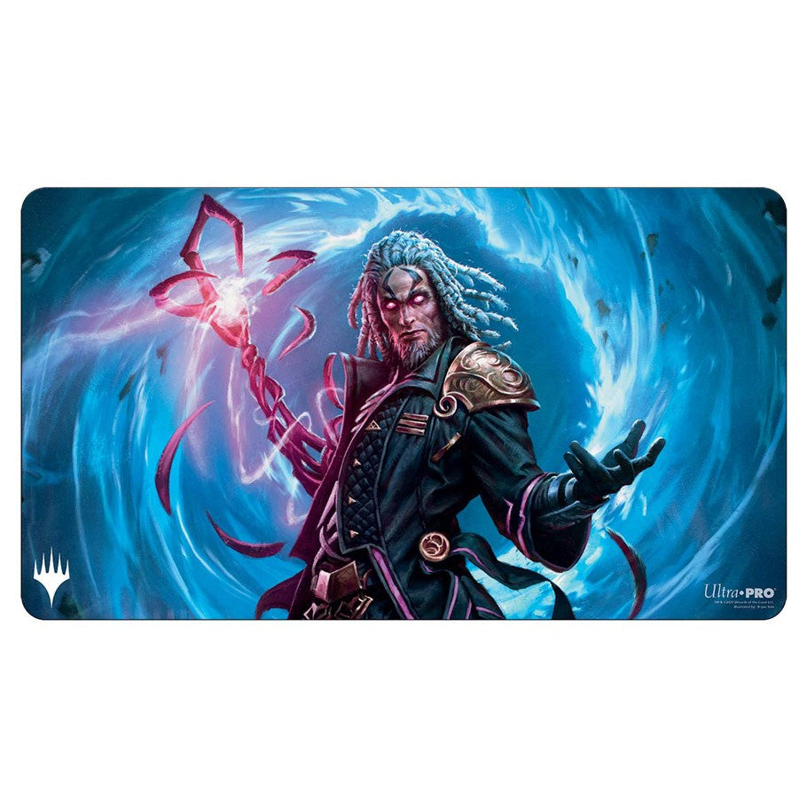 Playmat: MtG: Kamigawa Neon Tezzeret - Playmat featuring Kamigawa Neon Tezzeret with glowing purple staff and blue lightning background.