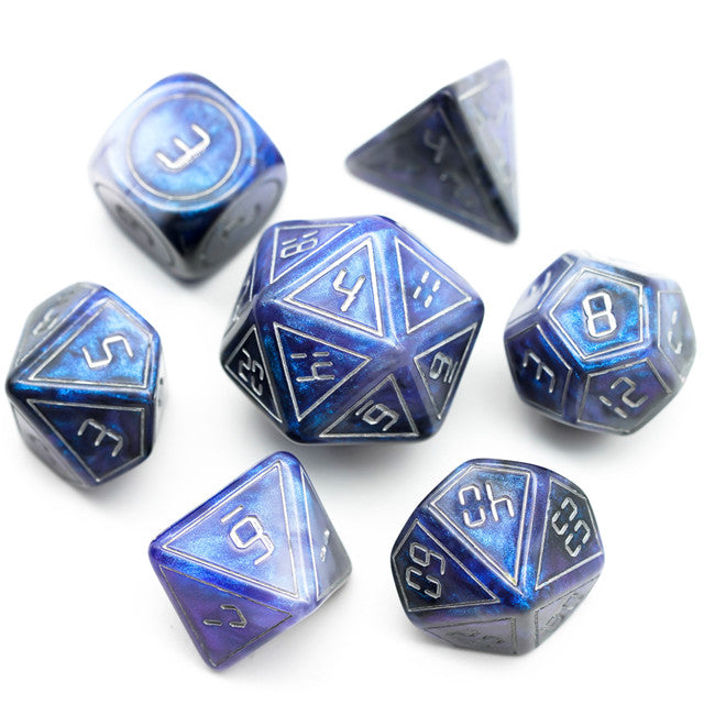 Blue Digital Font Dice Set - Seven-piece blue polyhedral dice set with digital-style white numbers and a glossy finish.