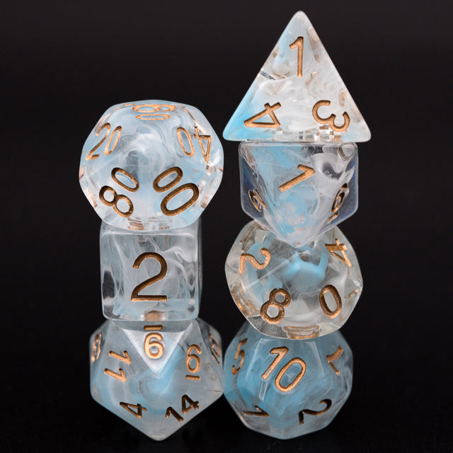 Cyan Smoke Dice Set - Set of translucent cyan smoke polyhedral dice with copper-colored numbers, including d20, d12, d10, d8, d6, and d4.