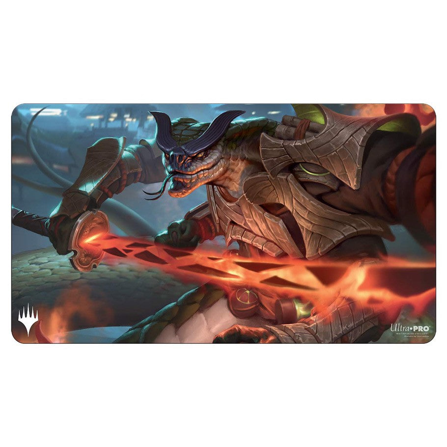 Playmat: MtG: Kamigawa Neon Chishiro - Fire-wielding armored warrior in dark fantasy setting with glowing red sword on playmat.