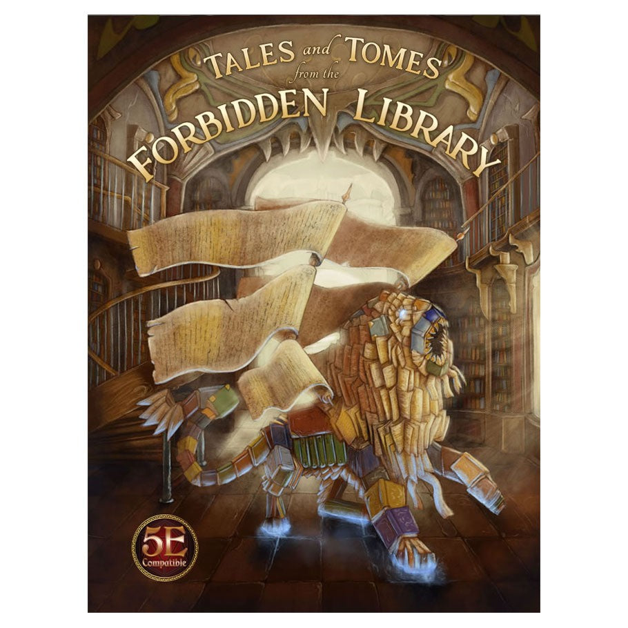 D&D 5E: Tales & Tomes Forbidden Library - Fantasy library scene with giant mechanical lion, glowing scrolls, and arched stone shelves.