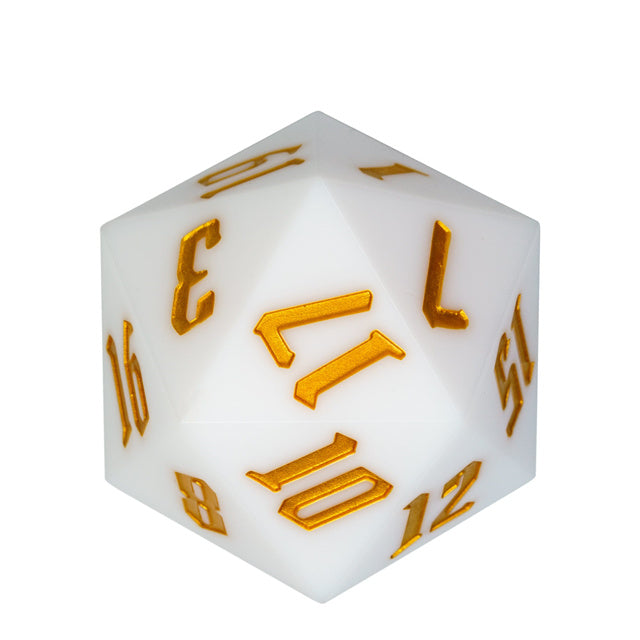 Giant 55mm D20 - White - White acrylic 55mm D20 die with gold numbering and beveled edges.