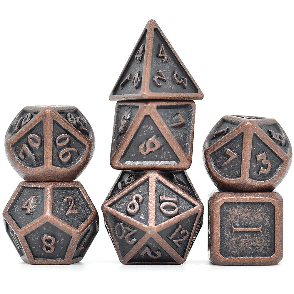 Antique Metal Dice Set - Antique bronze metal dice set with engraved numbers, featuring d4, d6, d8, d10, d12, and d20 shapes.