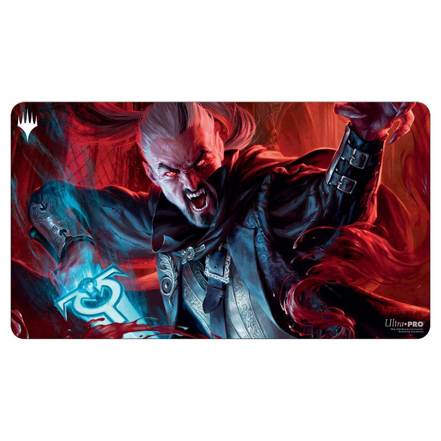Playmat: MtG: Crimson Vow Odric - Playmat featuring a vampire warrior with pale skin and red eyes casting a blue magical spell against a fiery red background.