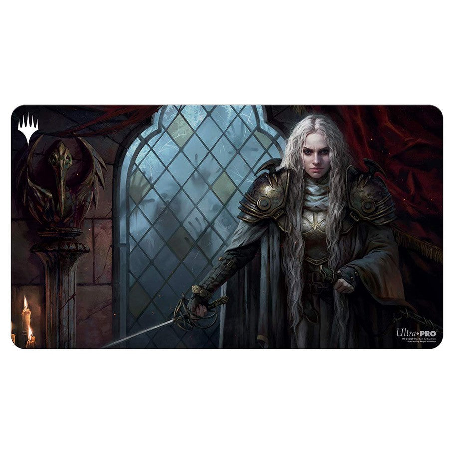 Playmat: MtG: Crimson Vow Thalia - Fantasy playmat featuring armored white-haired warrior woman with sword against stained glass window and dark gothic.