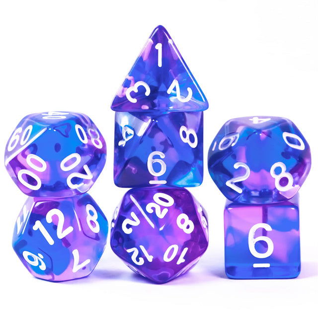 Blue & Purple Transparent Dice - Set of seven blue and purple transparent acrylic dice with white numbers, including d20, d12, d10, d8, d6, d4, and.