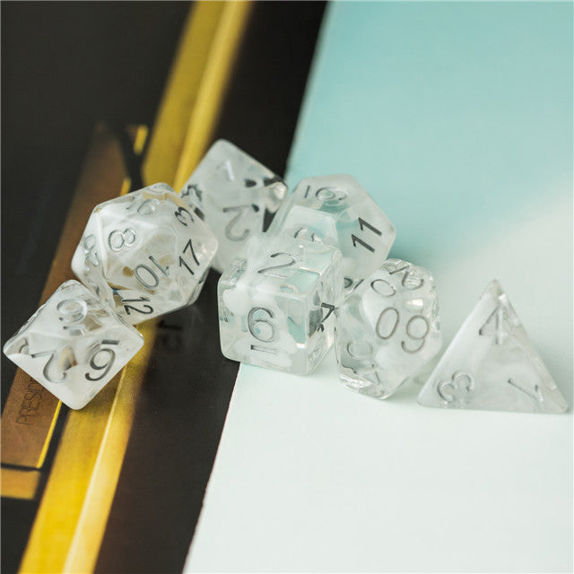 White Swirl Dice Set - Translucent white polyhedral dice set with subtle swirl patterns and silver numbering.