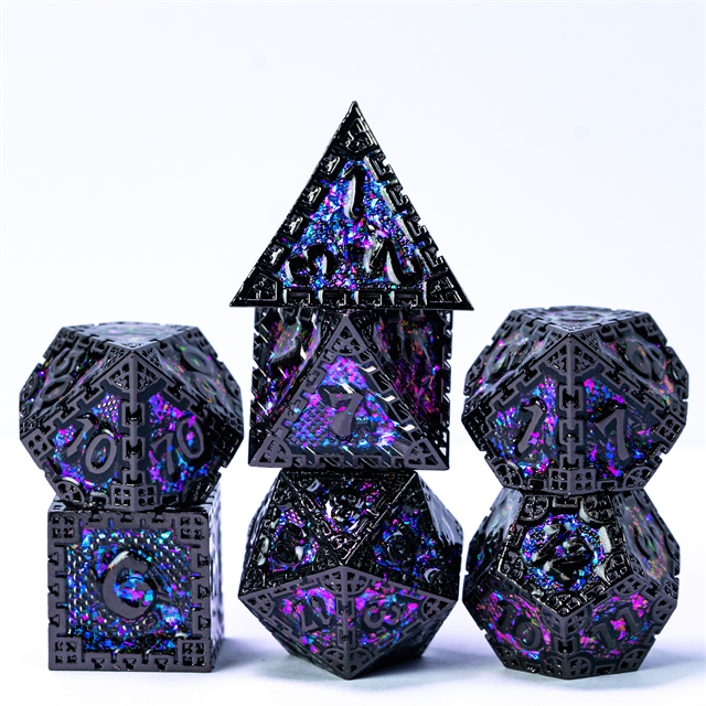 Purple Cathedral Glass Metal Dice Set - Black metal dice set with intricate purple cathedral glass inlays, featuring various polyhedral shapes.