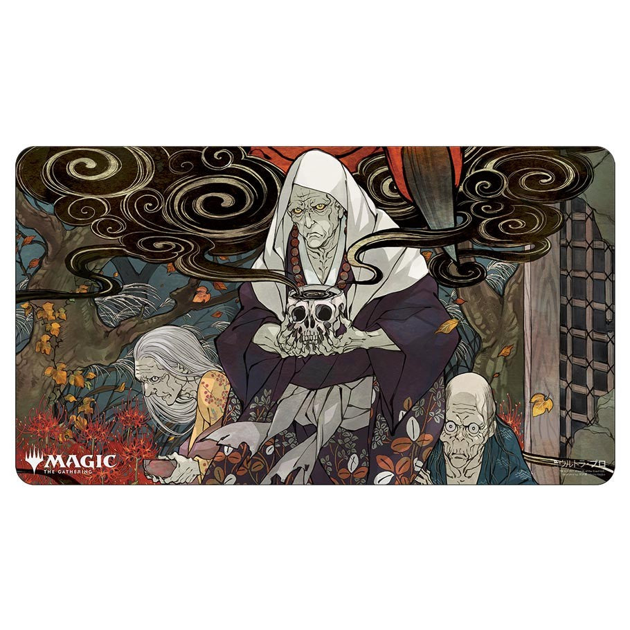 Playmat: JPN:MtG:Mystical Village Rites - Dark mystical playmat featuring a hooded figure with skulls and two elderly characters in a village setting.