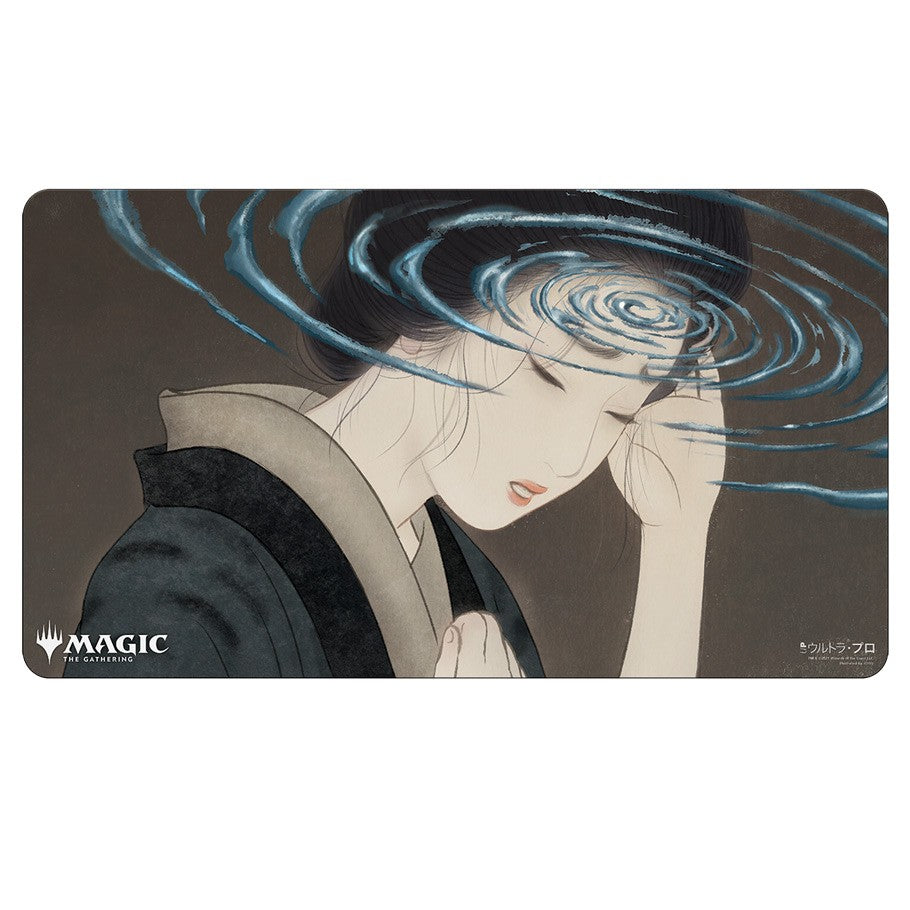 Playmat: JPN: MtG: Mystical Duress - The Gathering playmat featuring a stylized woman in traditional Japanese attire with swirling blue water above her head on a .