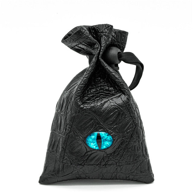 Mimic Dice Bag - Black textured faux leather dice bag with blue reptile eye and drawstring closure.