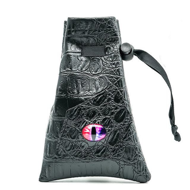 Mimic Dice Bag - Black faux leather dice bag with textured mimic skin and a pink reptilian eye detail.