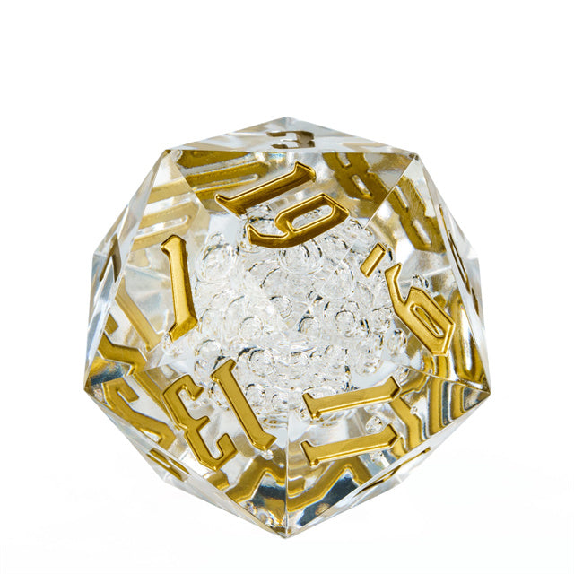 Giant 55mm D20 - Clear Bubbles - Clear acrylic 55mm d20 dice with gold numbers and textured bubble center.