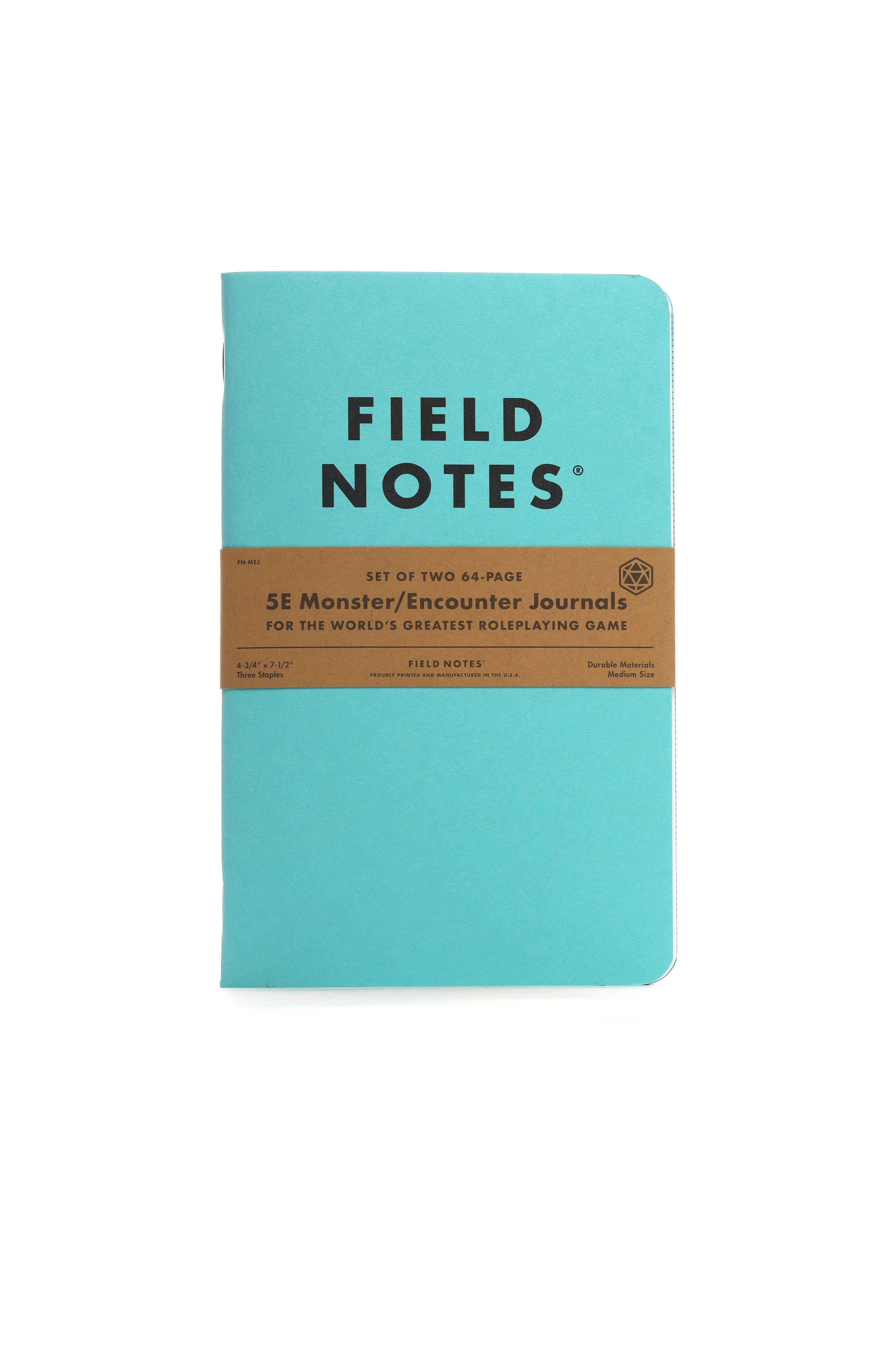 5E Monster/ Encounter Journals - Light blue Field Notes notebook labeled 5E Monster/Encounter Journals with kraft paper band and black text.