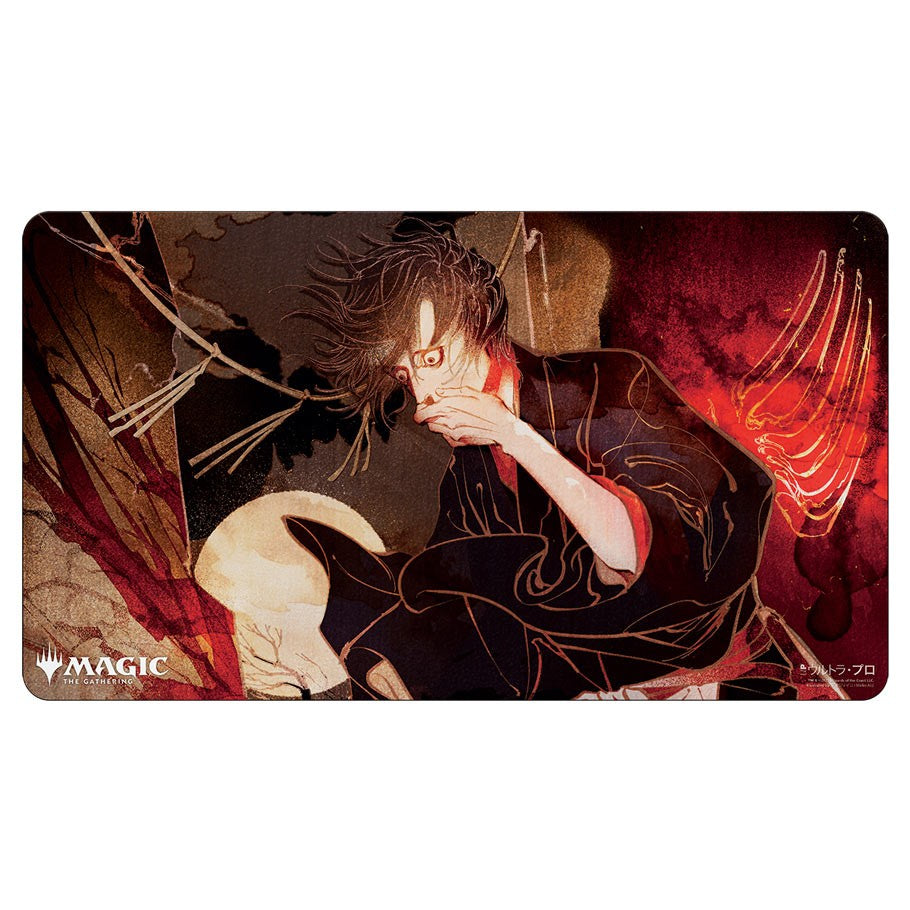 Playmat: JPN: MtG: Mystical Remorse - Dark-haired mage in flowing robes casting a fiery spell against a red and brown mystical background playmat.