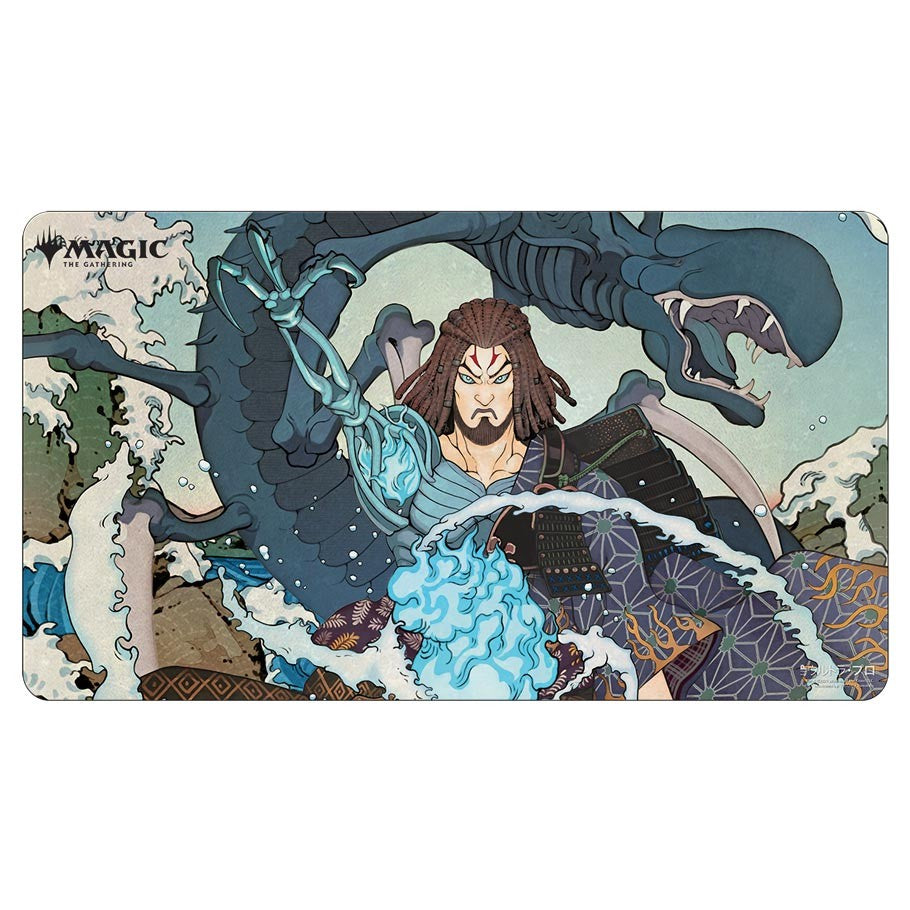 Playmat: JPN: MtG: Mystical Tezzeret - Playmat featuring Mystical Tezzeret wielding blue energy with mechanical dragons and fantasy landscape background.
