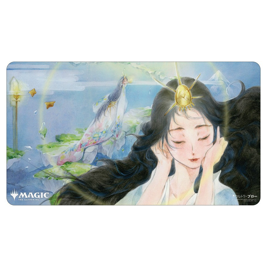 Playmat: JPN:MtG:Mystical Mind’s Desire - The Gathering playmat featuring a serene woman with long black hair, a glowing yellow jewel on her forehead, surrounded by.