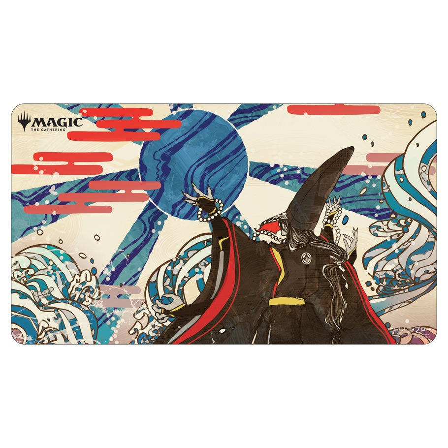 Playmat: JPN: MtG: Mystical Zenith - Playmat featuring a black bird with a golden crown against abstract blue waves and red streaks.