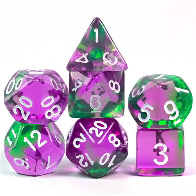 Purple & Green Transparent Dice - Set of seven transparent acrylic dice in purple and green with white numbering, featuring various polyhedral shapes.