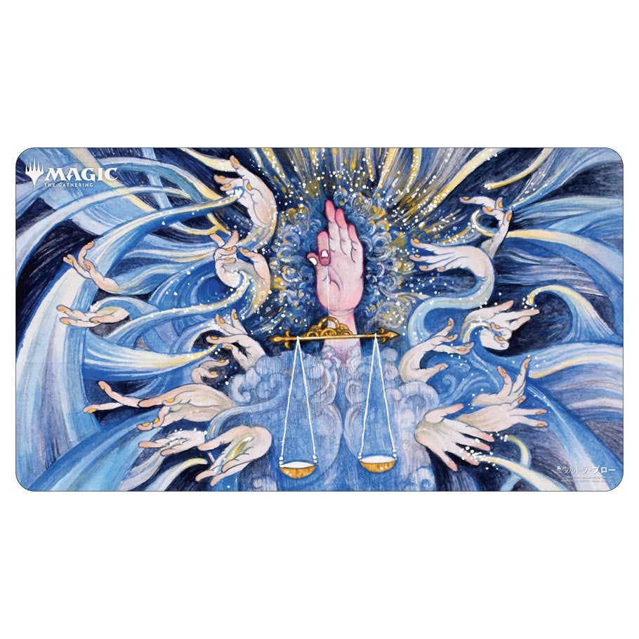 Playmat: JPN: MtG: Mystical Judgment - The Gathering playmat featuring a mystical hand holding balanced scales with swirling blue and purple energy and white birds .