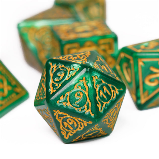 Green Ranger Acrylic Dice Set - Green 20-sided acrylic die with gold numbering and intricate designs, part of a matching dice set.