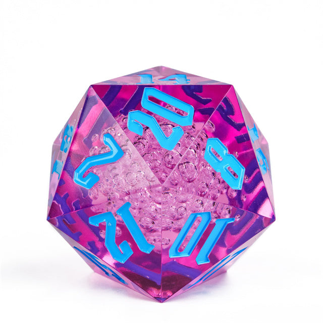 Giant 55mm D20 - Pink Bubbles - Giant 55mm transparent pink acrylic D20 dice with bright blue numbers and bubble-filled interior.