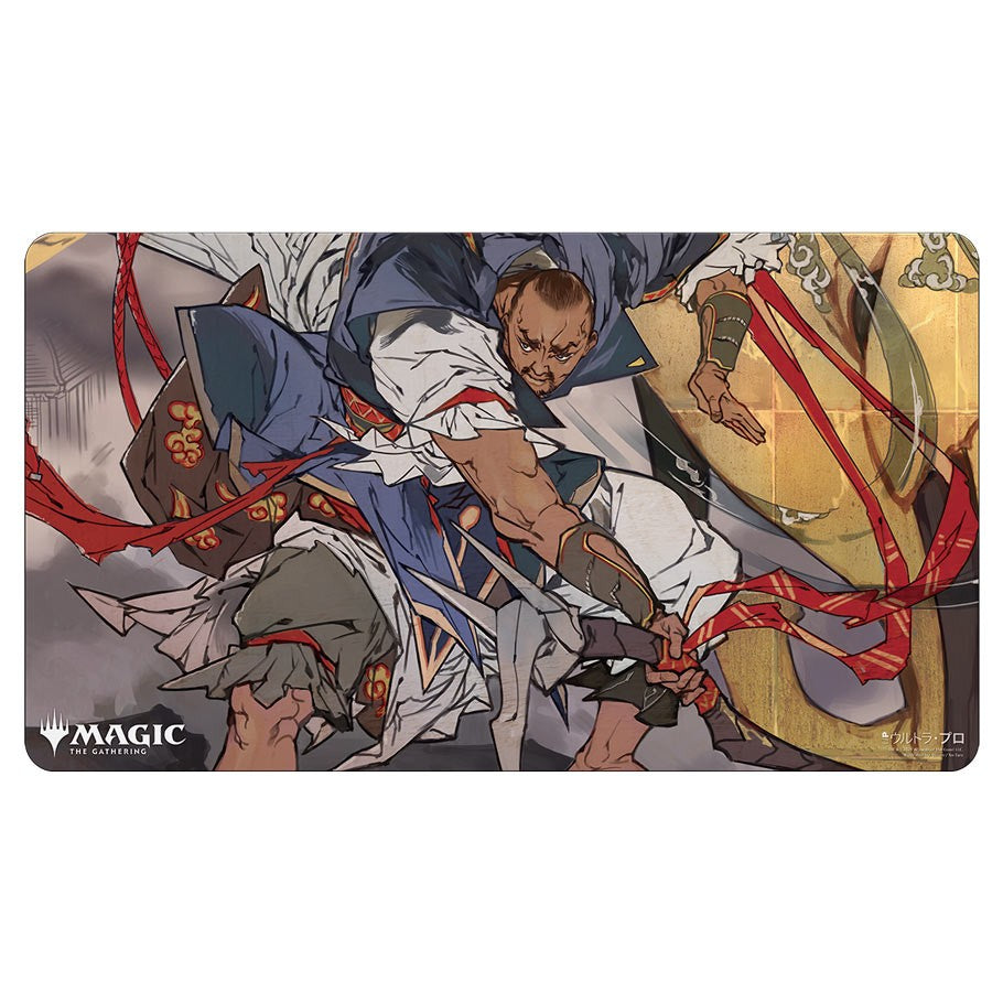 Playmat: JPN: MtG: Mystical Teferi - Playmat featuring Mystical Teferi artwork with dynamic pose and red ribbon accents on dark background.