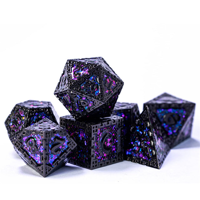Purple Cathedral Glass Metal Dice Set - Purple cathedral glass metal polyhedral dice set with intricate circuit-like engravings.