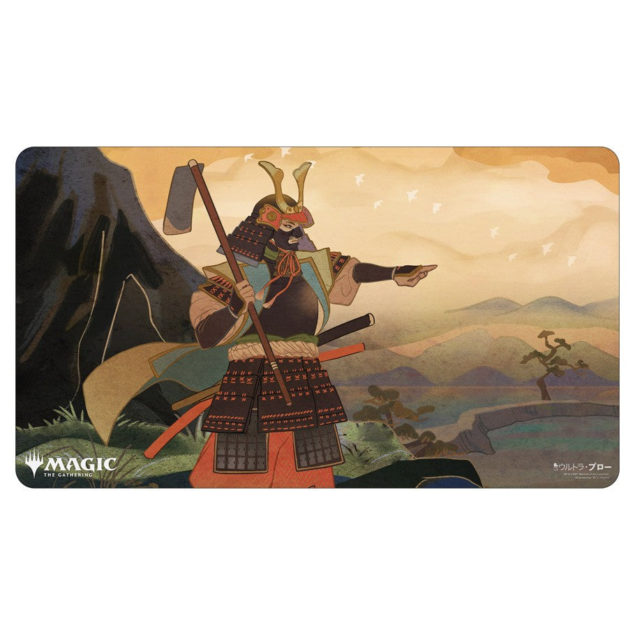 Playmat: JPN: MtG: Mystical Swords - Samurai warrior in detailed armor holding a staff and pointing against a misty mountainous landscape playmat.