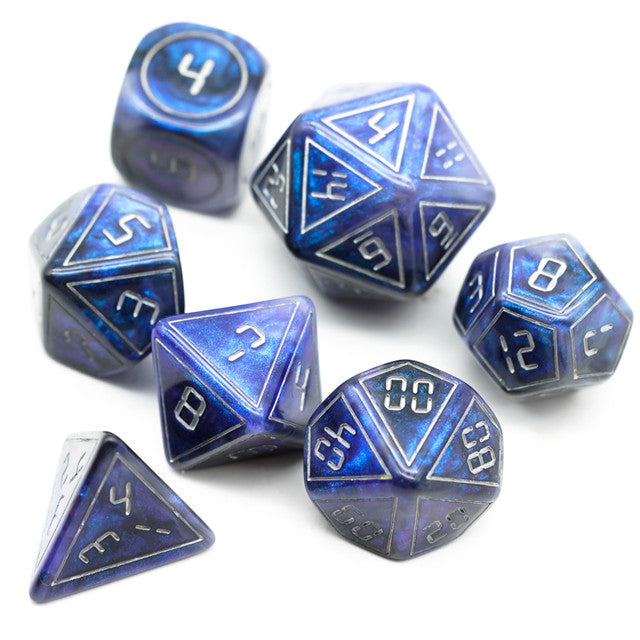 Blue Digital Font Dice Set - Set of translucent blue polyhedral dice with white digital-style numbers, including d4, d6, d8, d10, d12, d20, and.